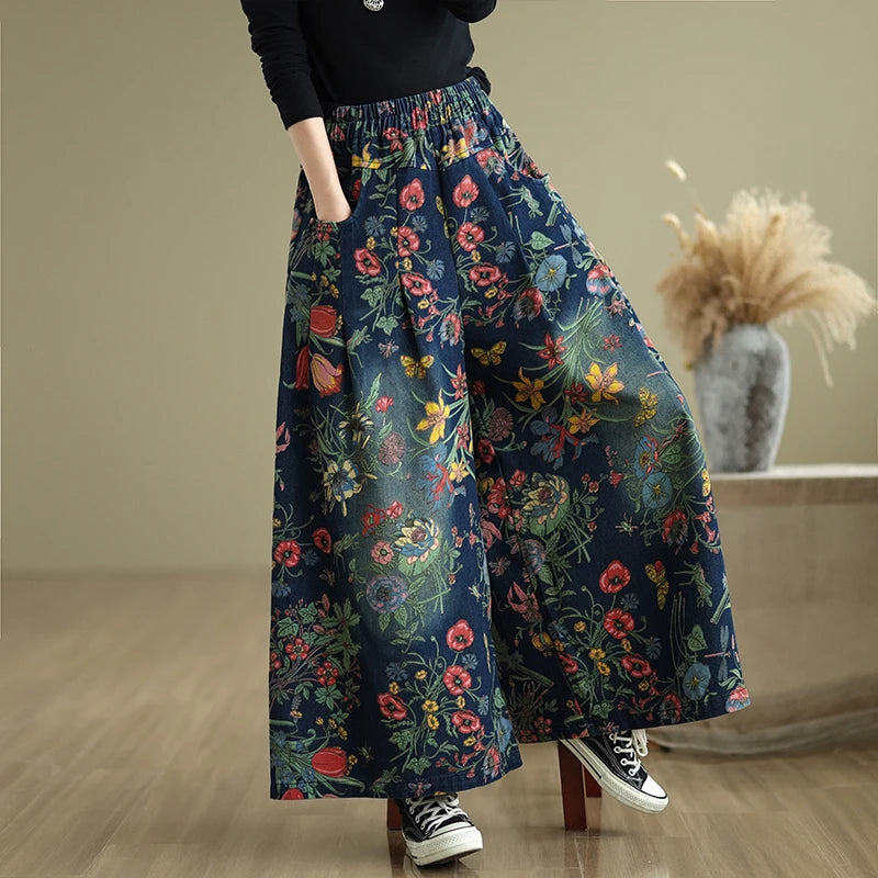 Aubriella – Plus Size High-Waisted Denim Wide-Leg Pants with Floral Print