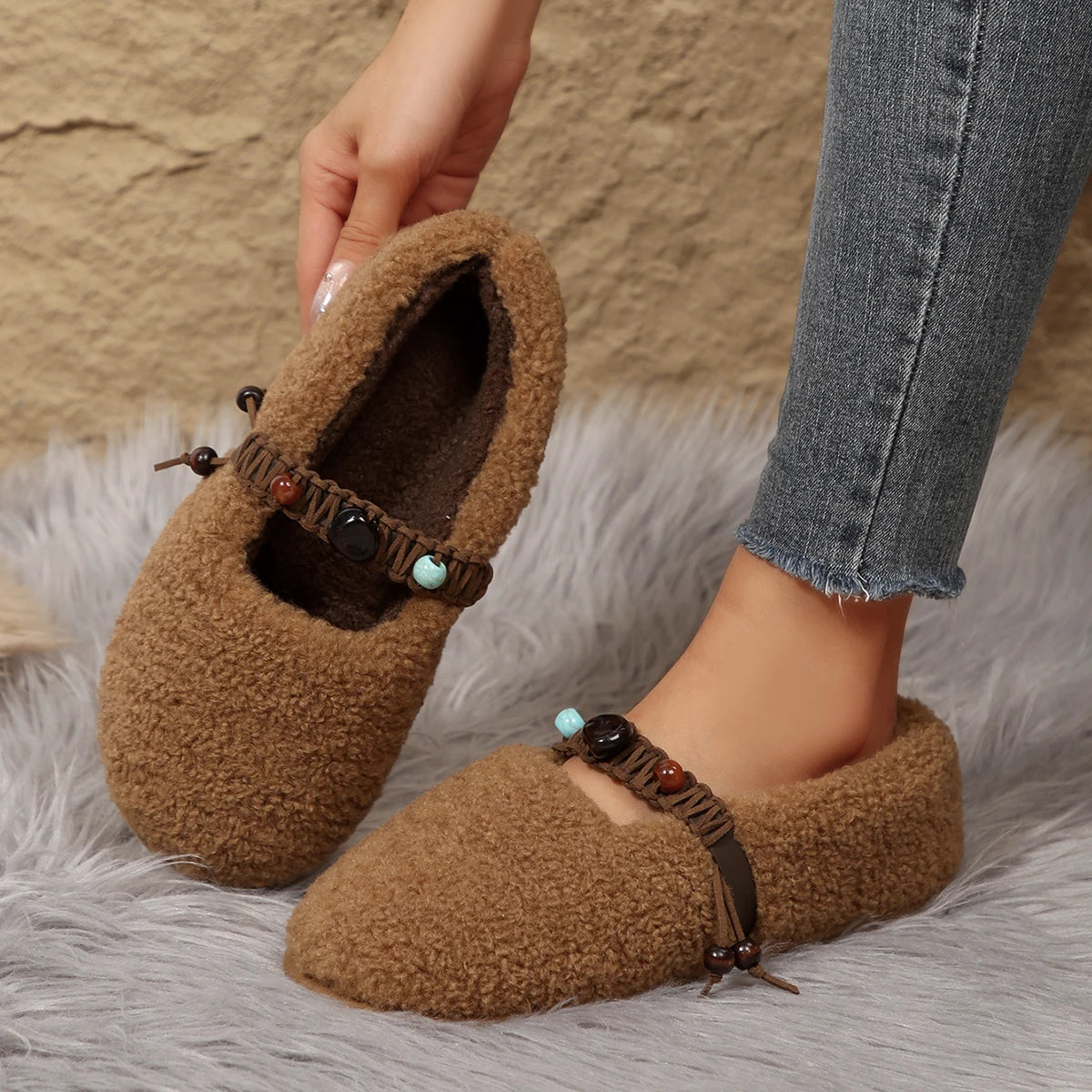 Christa – Women’s Plush Fur Ballet Flats with Coloured Beads