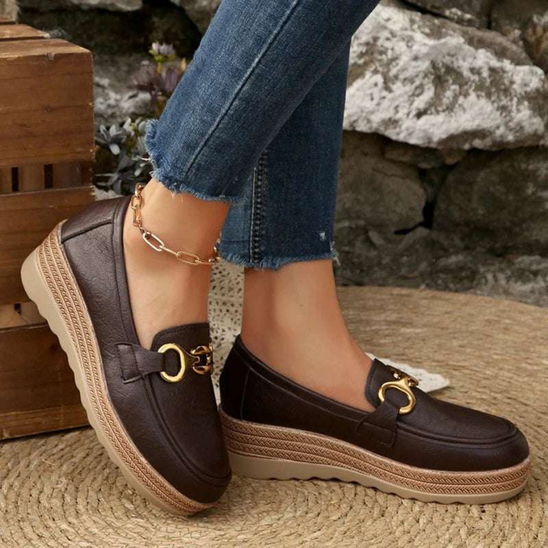 Chelsea – Women’s PU Leather Wedge Loafers with Metal Detail
