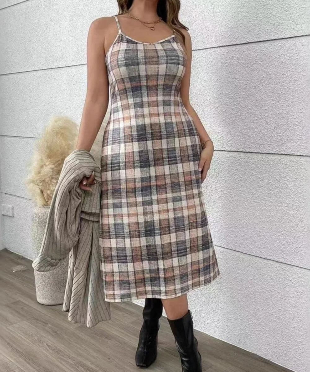 Elizabeth – Women’s Knitted Plaid Midi Dress Sleeveless Two-Piece Set - Auvrya