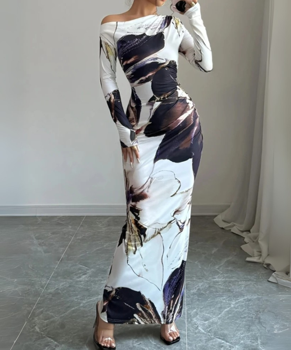 Isla – Women’s Elegant Bodycon Maxi Dress Long Sleeve Asymmetrical Neckline - Auvrya