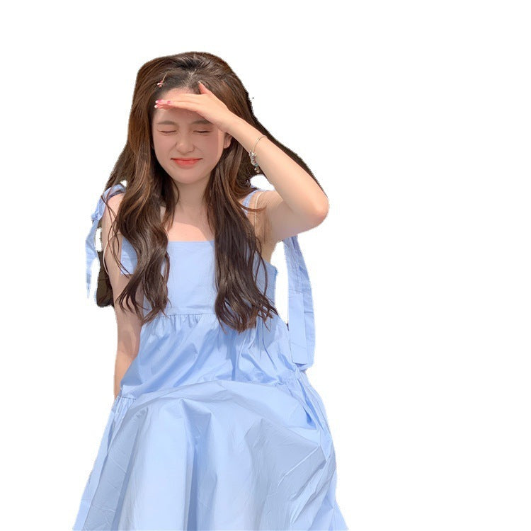 Matilda – White & Blue A-Line Suspender Dress with Lace-Up Bow