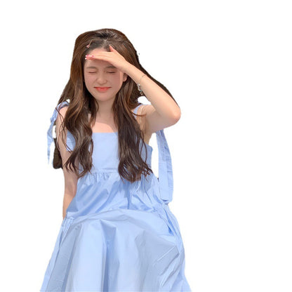 Matilda – White & Blue A-Line Suspender Dress with Lace-Up Bow