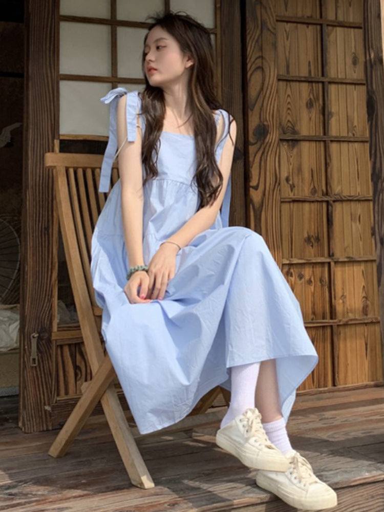 Matilda – White & Blue A-Line Suspender Dress with Lace-Up Bow