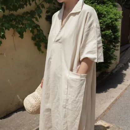 Anna – Women’s Maxi Shirt Dress V-Neck Loose Fit Cotton Linen Style - Auvrya