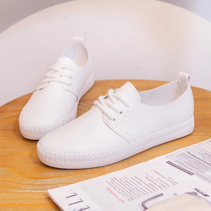 Cora-Lee – Women’s White Leather Sneakers Flat Lace-Up Shoes
