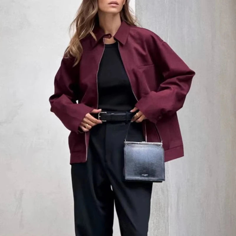 Khloe – Women’s Retro Zipper Bomber Jacket with Loose Fit