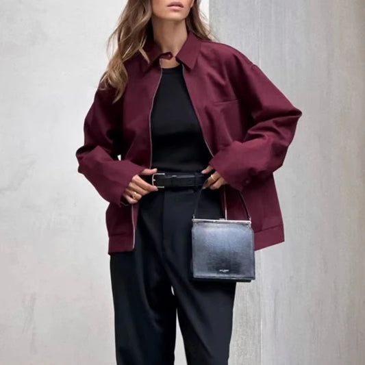 Khloe – Women’s Retro Zipper Bomber Jacket with Loose Fit