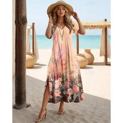 Women’s V-Neck Floral Print Long Dress – Short Sleeve Beach Style