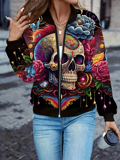Gia – Women’s Graphic Print Zip Bomber Jacket with Skull Design