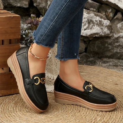 Chelsea – Women’s PU Leather Wedge Loafers with Metal Detail
