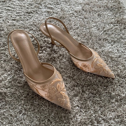 Beatrix – Women’s Mesh Embroidered High Heel Slingback Mules