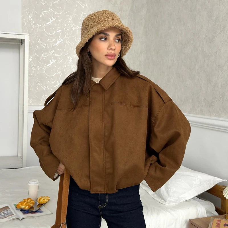 Dream – Women’s Oversized Suede-Feel Bomber Jacket with Drop Shoulders