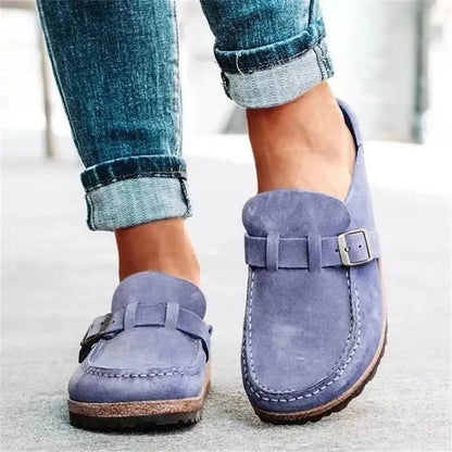 Collins – Women’s Retro Suede Clogs with Adjustable Buckle