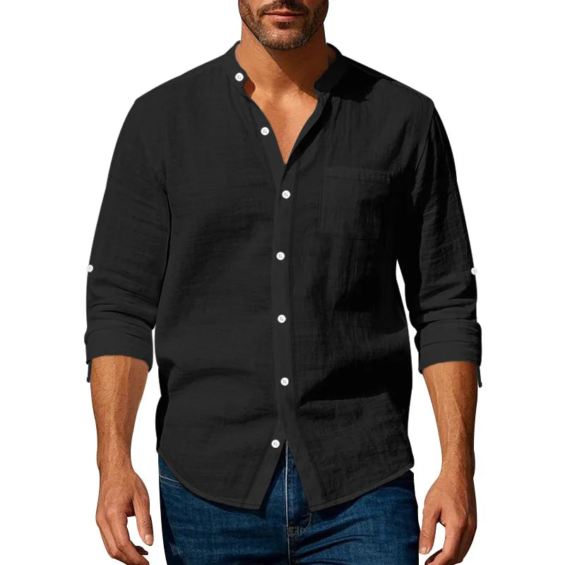 Michael – Men’s Linen Mandarin Collar Shirt with Chest Pocket