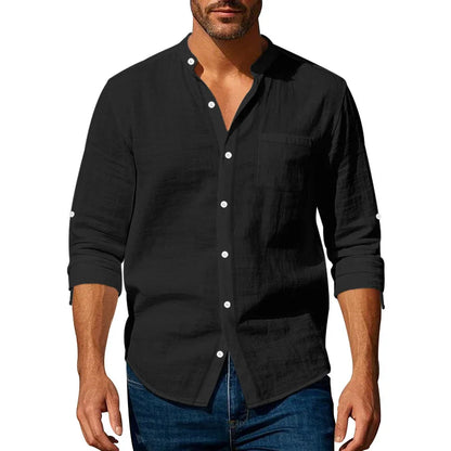 Michael – Men’s Linen Mandarin Collar Shirt with Chest Pocket