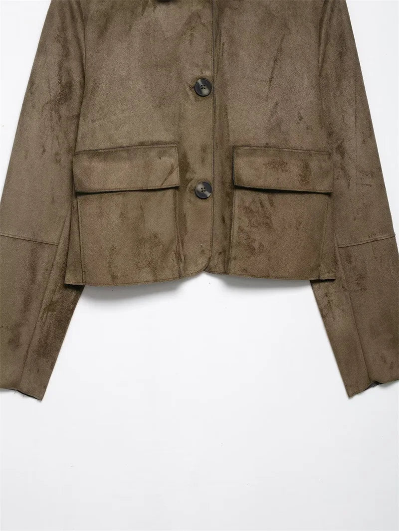 Charlee – Women’s Faux Suede Cropped Jacket with Lapel and Flap Pockets