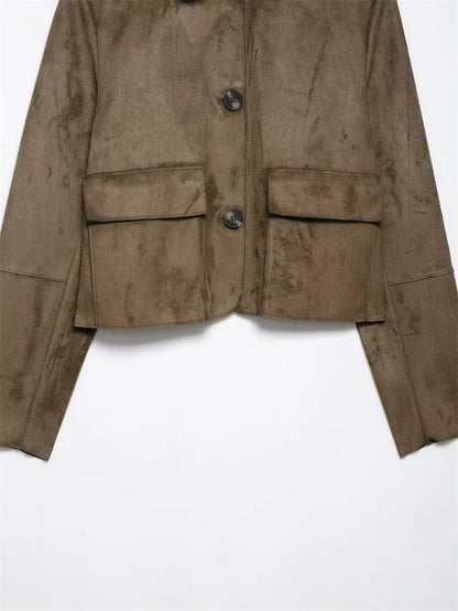 Charlee – Women’s Faux Suede Cropped Jacket with Lapel and Flap Pockets