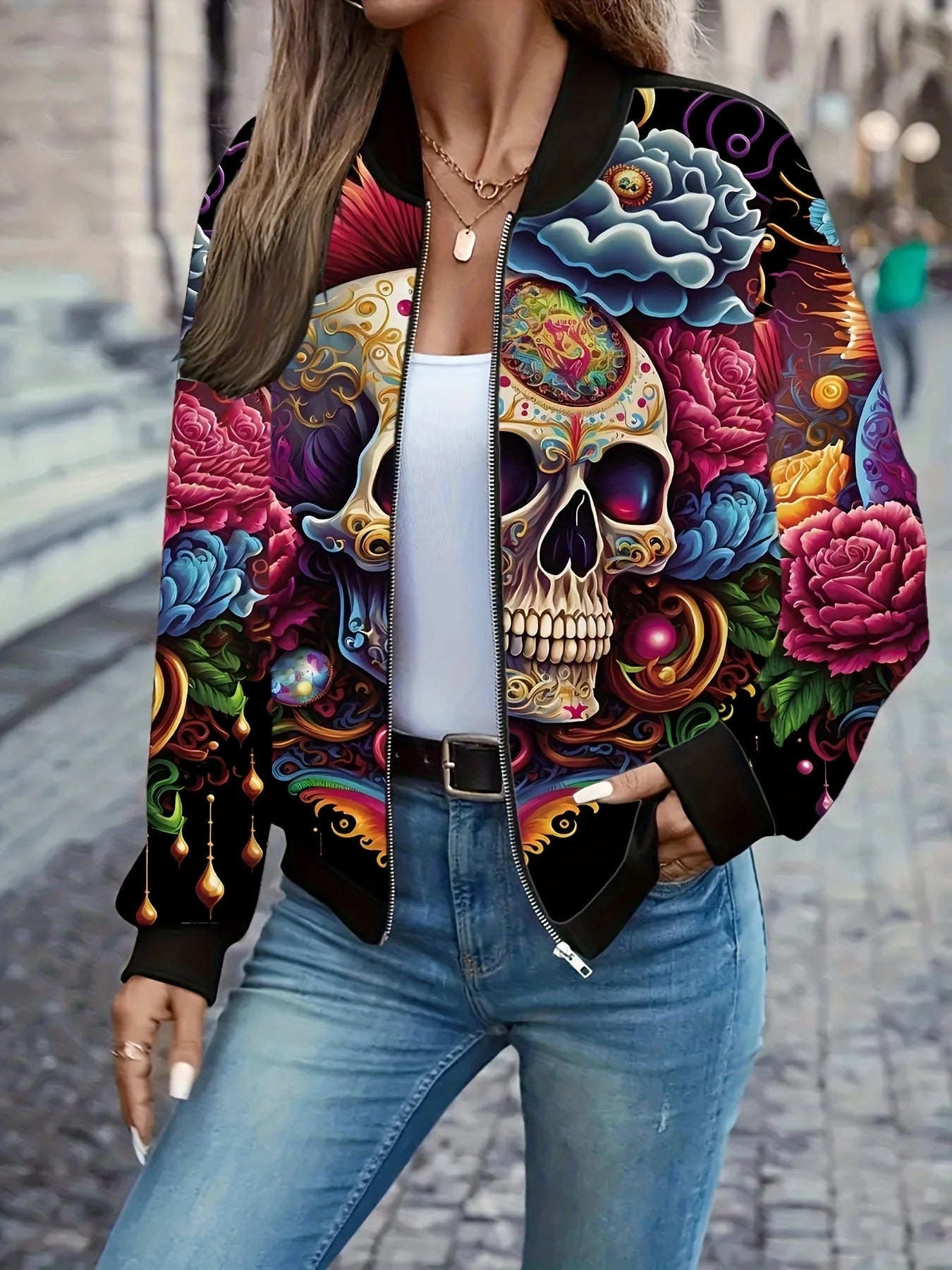 Gia – Women’s Graphic Print Zip Bomber Jacket with Skull Design