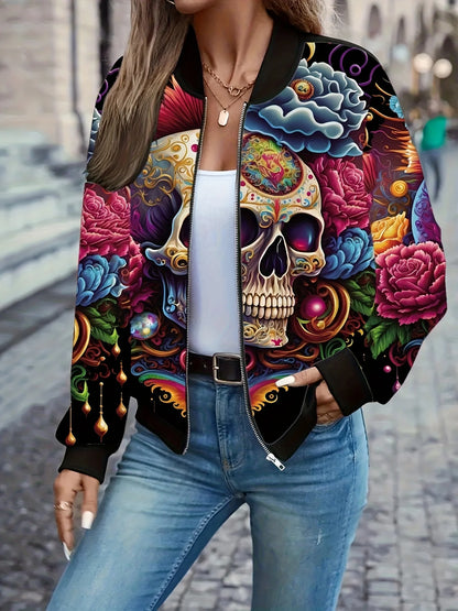 Gia – Women’s Graphic Print Zip Bomber Jacket with Skull Design