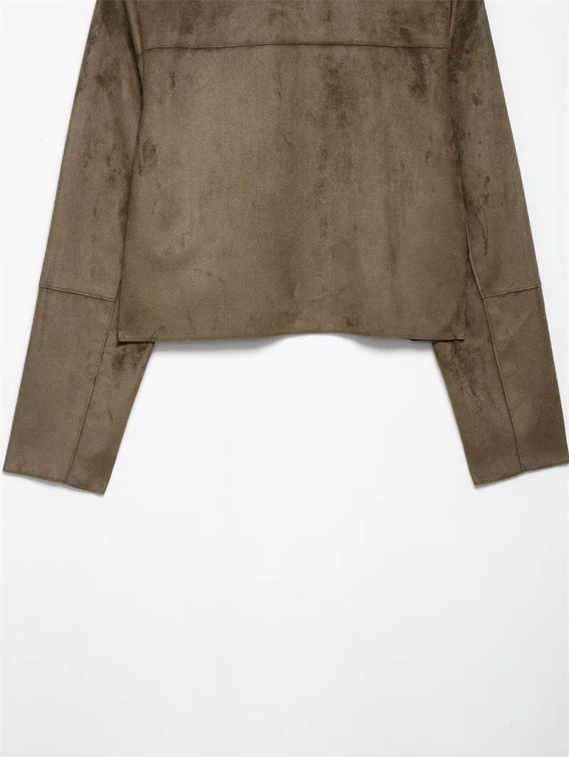 Charlee – Women’s Faux Suede Cropped Jacket with Lapel and Flap Pockets