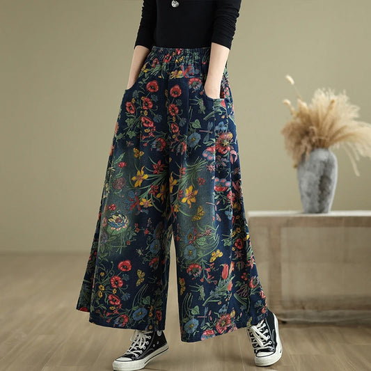 Aubriella – Plus Size High-Waisted Denim Wide-Leg Pants with Floral Print