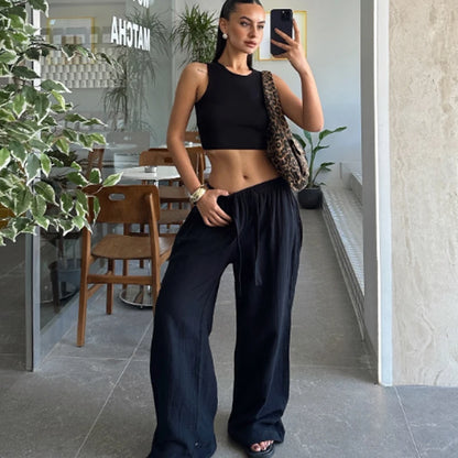 Bianca – Women’s High-Waisted Wide-Leg Linen Pants with Drawstring