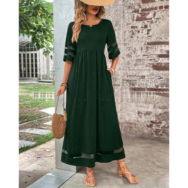 Women’s Retro Mesh Patch Loose Casual Long Dress