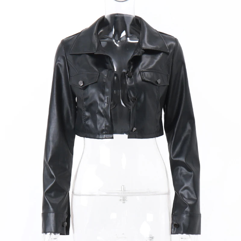 Harlow – Women’s Faux Leather Cropped Jacket with Button Front