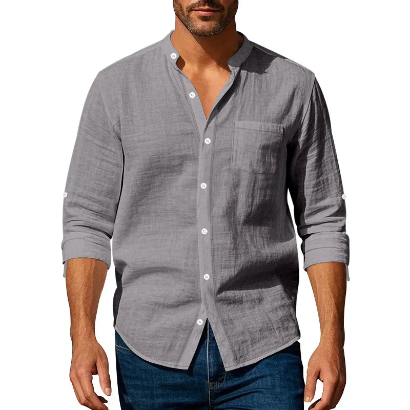 Michael – Men’s Linen Mandarin Collar Shirt with Chest Pocket