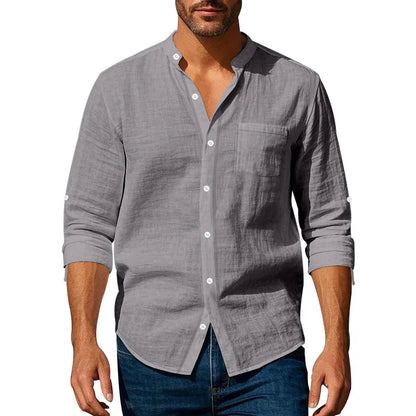 Michael – Men’s Linen Mandarin Collar Shirt with Chest Pocket