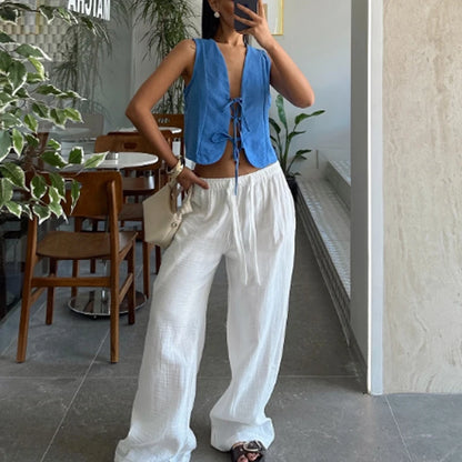 Bianca – Women’s High-Waisted Wide-Leg Linen Pants with Drawstring