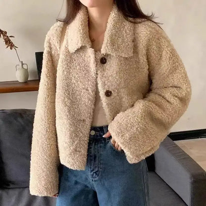 Eve – Women’s Faux Shearling Cropped Jacket with Button Front