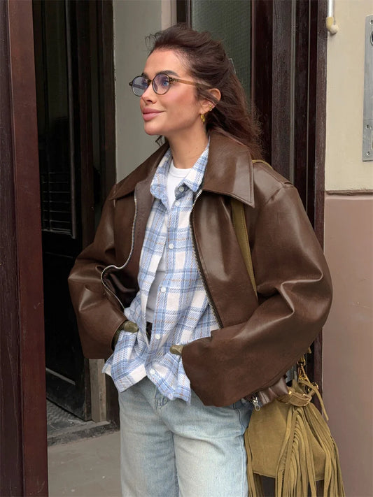 Carmen – Women’s Leather-Look Short Jacket with Lapel and Zip Closure