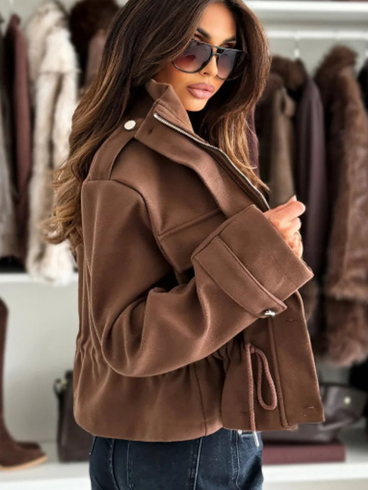 Fiona – Women’s Utility Zip Jacket with Drawstring Waist and Stand Collar