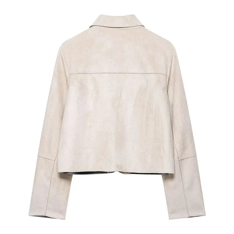 Charlee – Women’s Faux Suede Cropped Jacket with Lapel and Flap Pockets