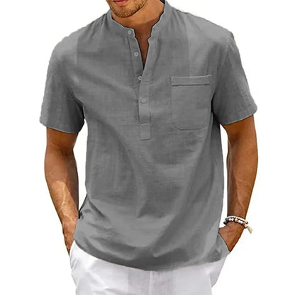 Nicholas – Men’s Cotton Linen Henley Shirt Short Sleeve Casual