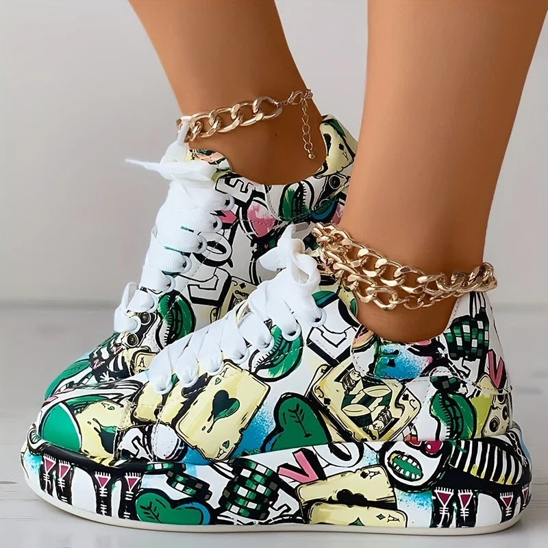 Gloria – Women’s Graffiti Print Lace-Up Platform Sneakers