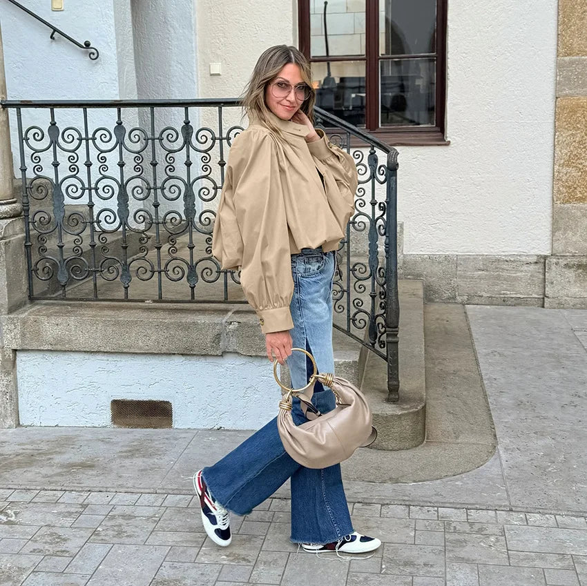 Amari – Women’s Pleated Cropped Jacket with Stand Collar