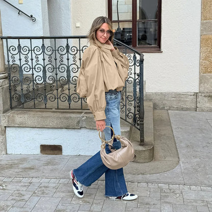 Amari – Women’s Pleated Cropped Jacket with Stand Collar