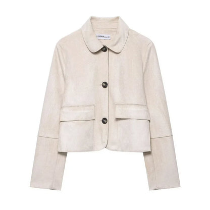 Charlee – Women’s Faux Suede Cropped Jacket with Lapel and Flap Pockets