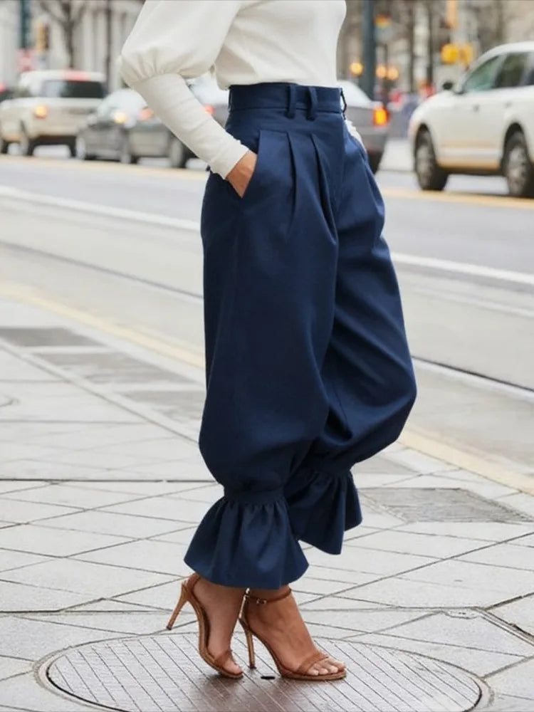 Braylee – Women’s High-Waisted Wide-Leg Trousers with Ruffled Hem