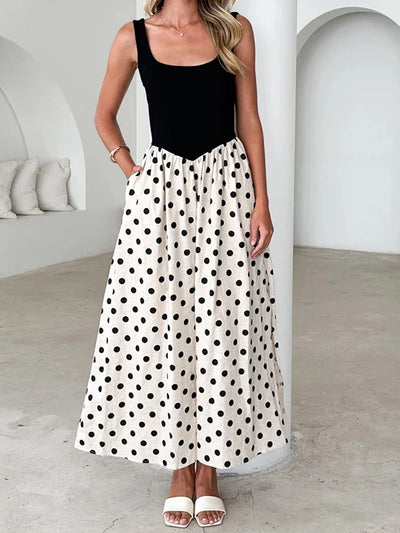 Polka Dot Patchwork Vest Dress Sleeveless U-Neck Loose A-Line Pocket Dress