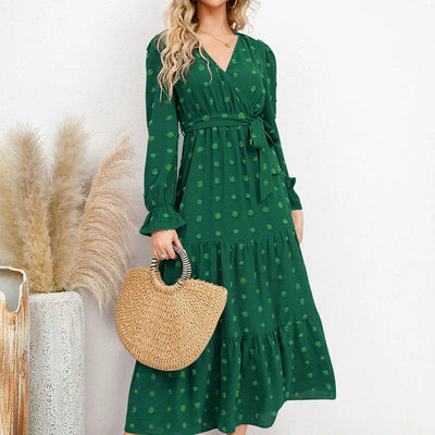 Women’s Long Sleeve V-Neck Maxi Dress Ruched High Waist Solid Colour