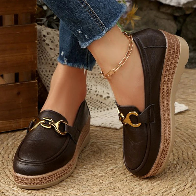 Chelsea – Women’s PU Leather Wedge Loafers with Metal Detail