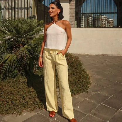 Bianca – Women’s High-Waisted Wide-Leg Linen Pants with Drawstring