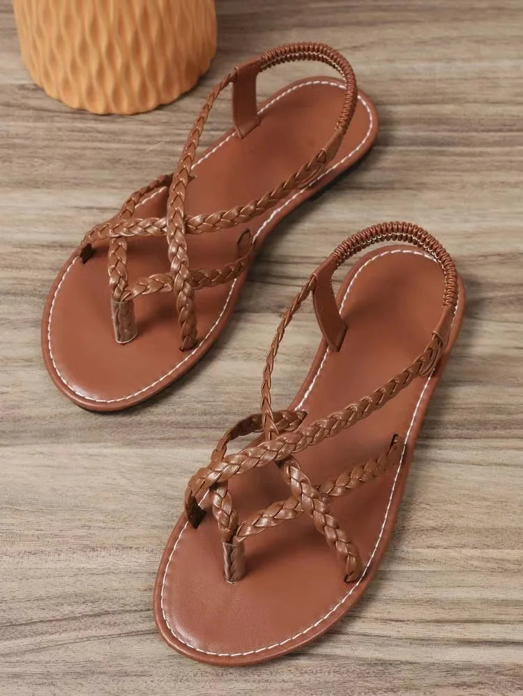 Aspenly – Women’s Woven Flat Sandals with Open Toe and PU Leather Strap
