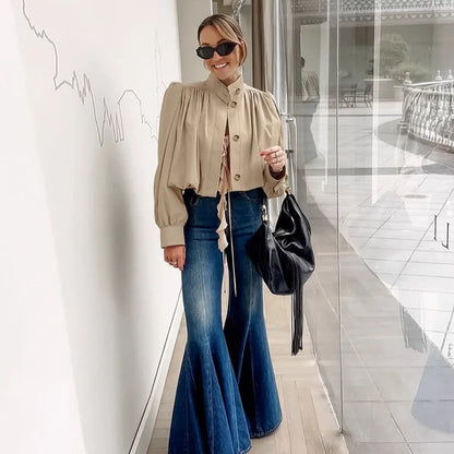 Amari – Women’s Pleated Cropped Jacket with Stand Collar