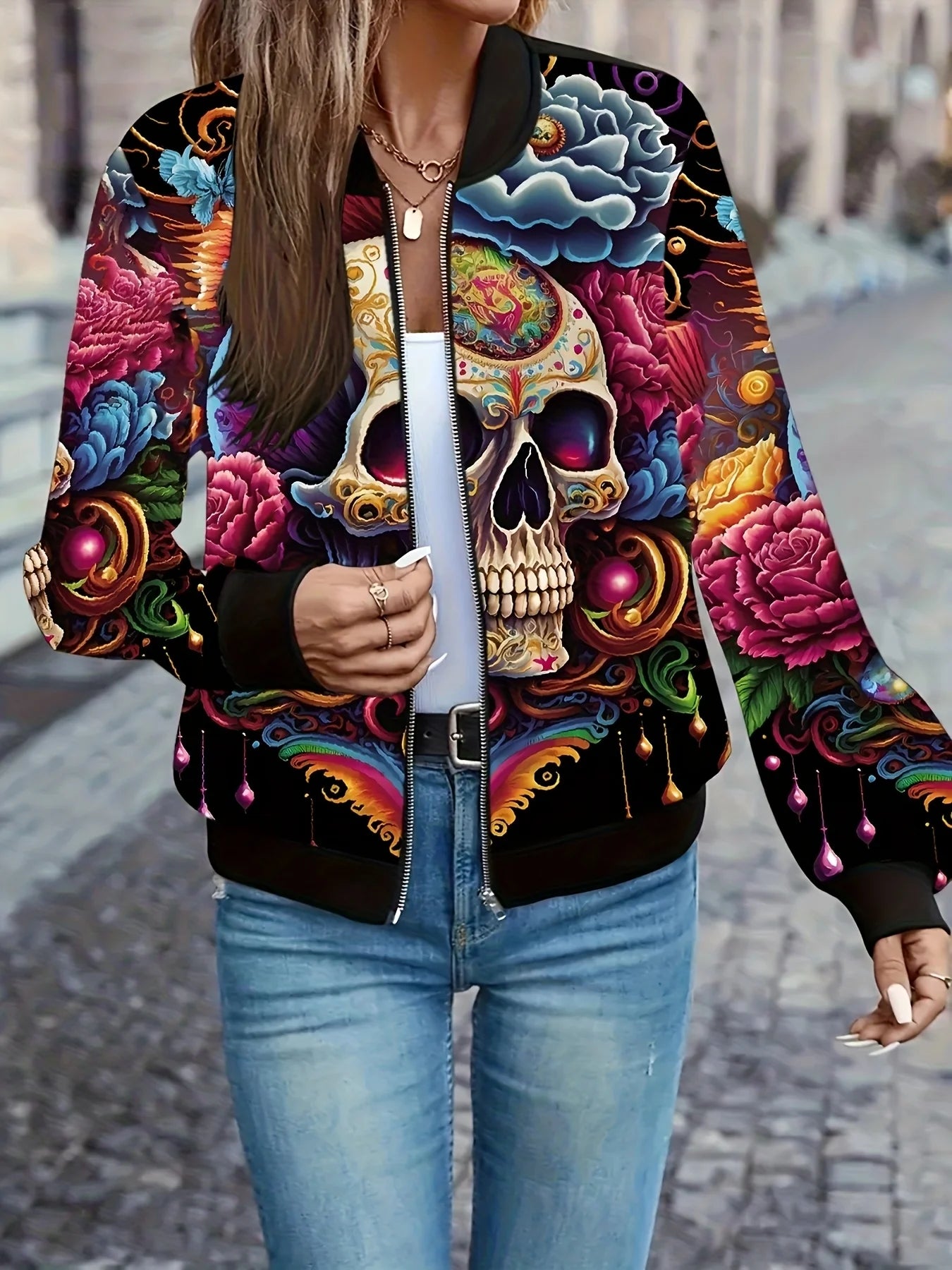 Gia – Women’s Graphic Print Zip Bomber Jacket with Skull Design