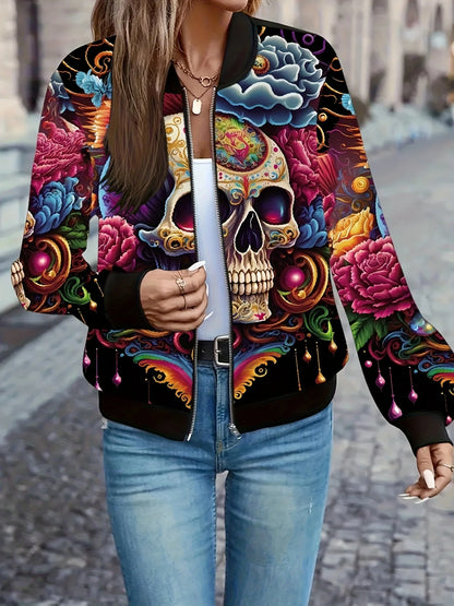 Gia – Women’s Graphic Print Zip Bomber Jacket with Skull Design
